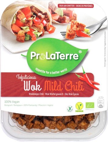 Tofu, wokblokjes, mild chili, 180gr, Prolaterre