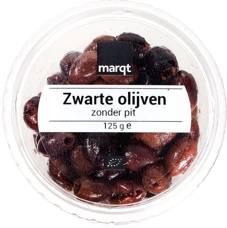 Olijven, zwart-, zonder pit 125gram, Marqt