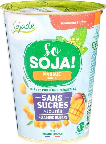 Plantaardige variatie op yoghurt soja, mango, 400gr, Sojade