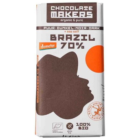 Chocoladereep, Brazil, puur 70pr, met zeezout, 80gr, Chocolate Makers