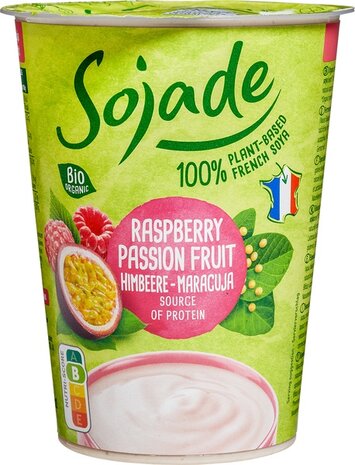 Plantaardige variatie op yoghurt, soja, framboos-passievrucht, 400gr, Sojade