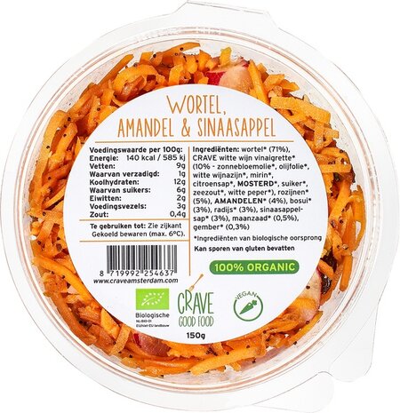 Wortel, amandel-sinaasappelsalade, 150gr, Crave Good Food